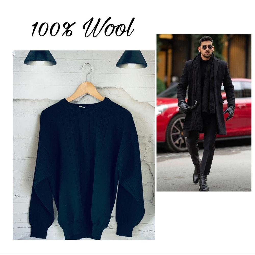 100% ITALIAN WOOL NORM THOMPSON RICH BLACK CREW NECK SWEATER - LRG - Picture 2 of 11